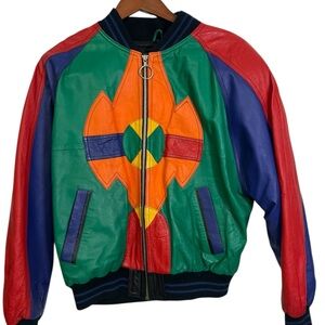 Vintage Winlit Men Medium Leather Colorblock Bomber Jacket